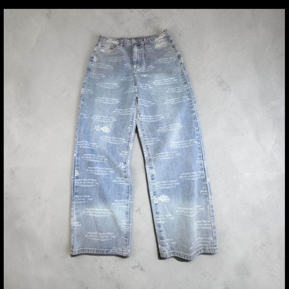 Civil Regime Women Light Wash Script Graphic Print Wide Leg Denim Jeans Size 32